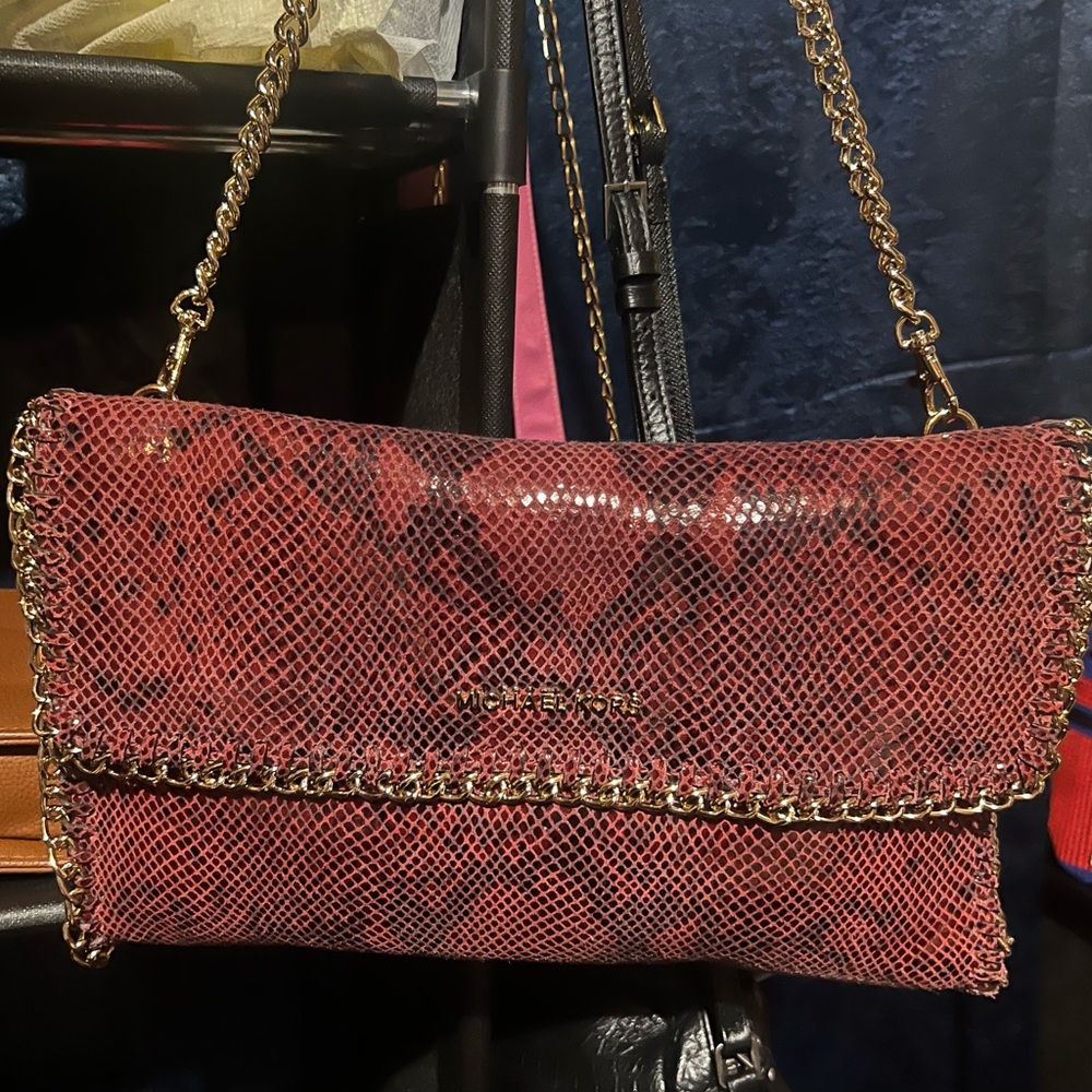 Michael Kors Red Snake Print Shoulder Bag with Gold Chain